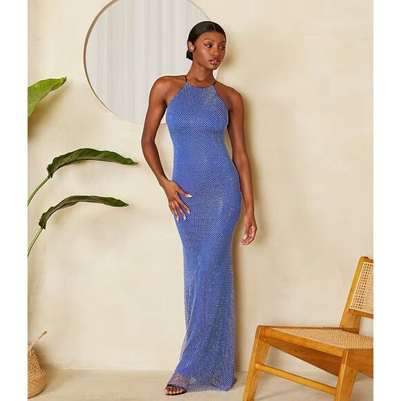 NEW B. Darlin Sleeveless Halter Scoop Neck Long Dress gemstones - Picture 1 of 11